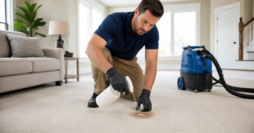 coffee stain removal professional pre-treatment on carpet in Elmhurst, Winnipeg