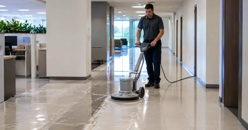 commercial floor cleaning machine stripping old wax from VCT tile in office Eric Coy, Winnipeg