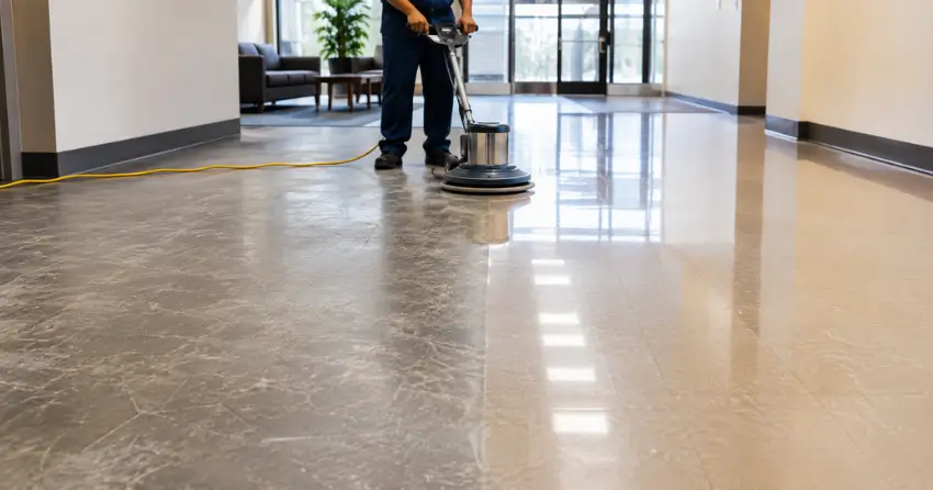 polished commercial floor before and after professional stripping and waxing comparison
