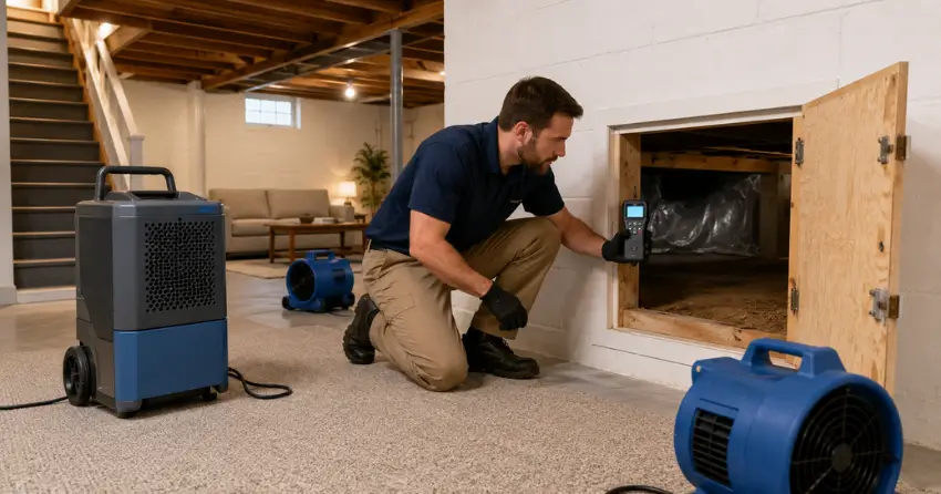 Dehumidification Winnipeg equipment deployed in basement and crawlspace moisture assessment