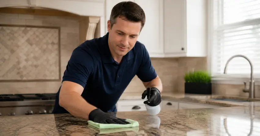 granite cleaning technician polishing kitchen countertop in Brooklands, Winnipeg