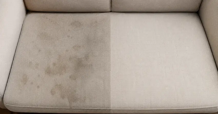 close-up of upholstery fabric before and after stain treatment