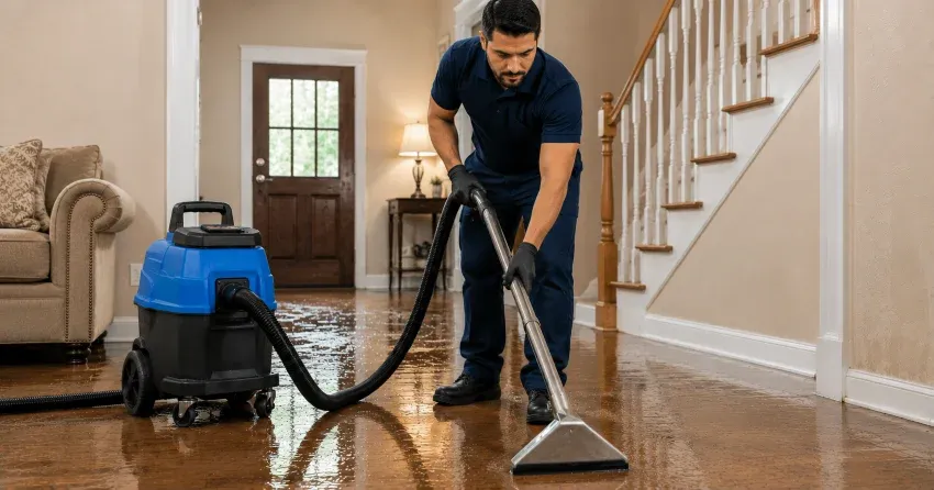 water damage cleanup technician using extraction equipment in Rossmere-B, Winnipeg