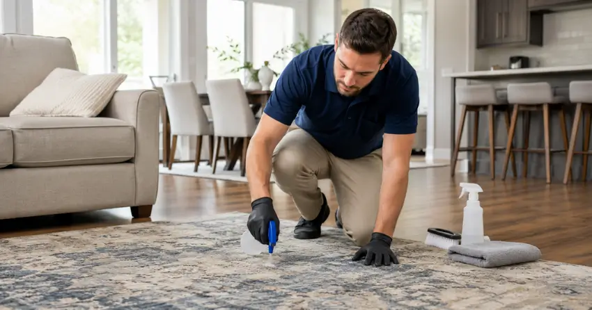 area rug cleaning process inspection and pre-treatment in Robertson, Winnipeg