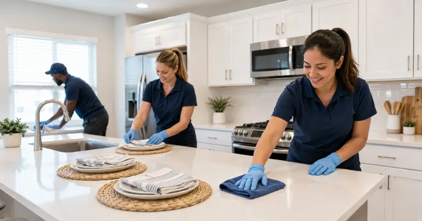 tenant turnover cleaning crew resetting a kitchen