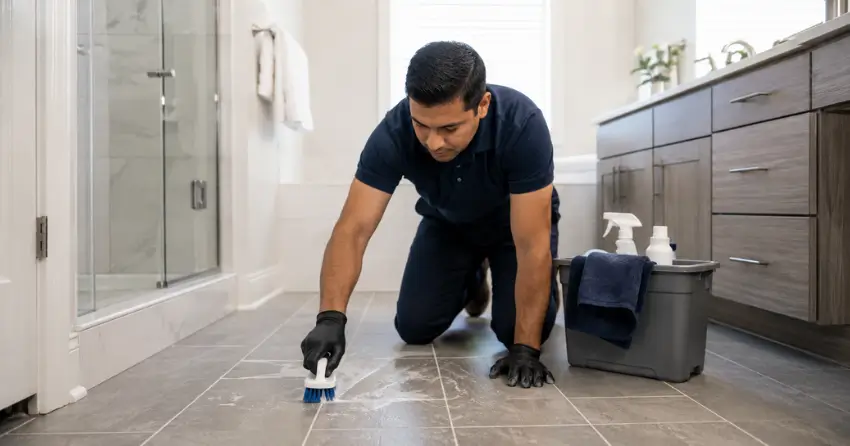 bathroom tile and grout scrubbed during turnover cleaning